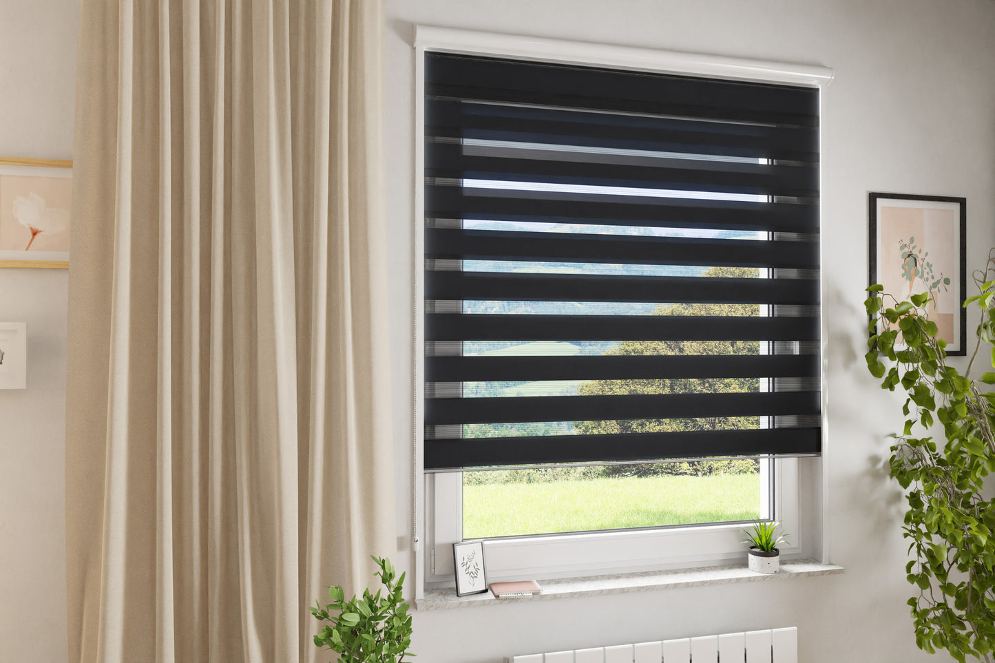 Wohnraum-Darstellung mit Kassetten-Doppelrollo