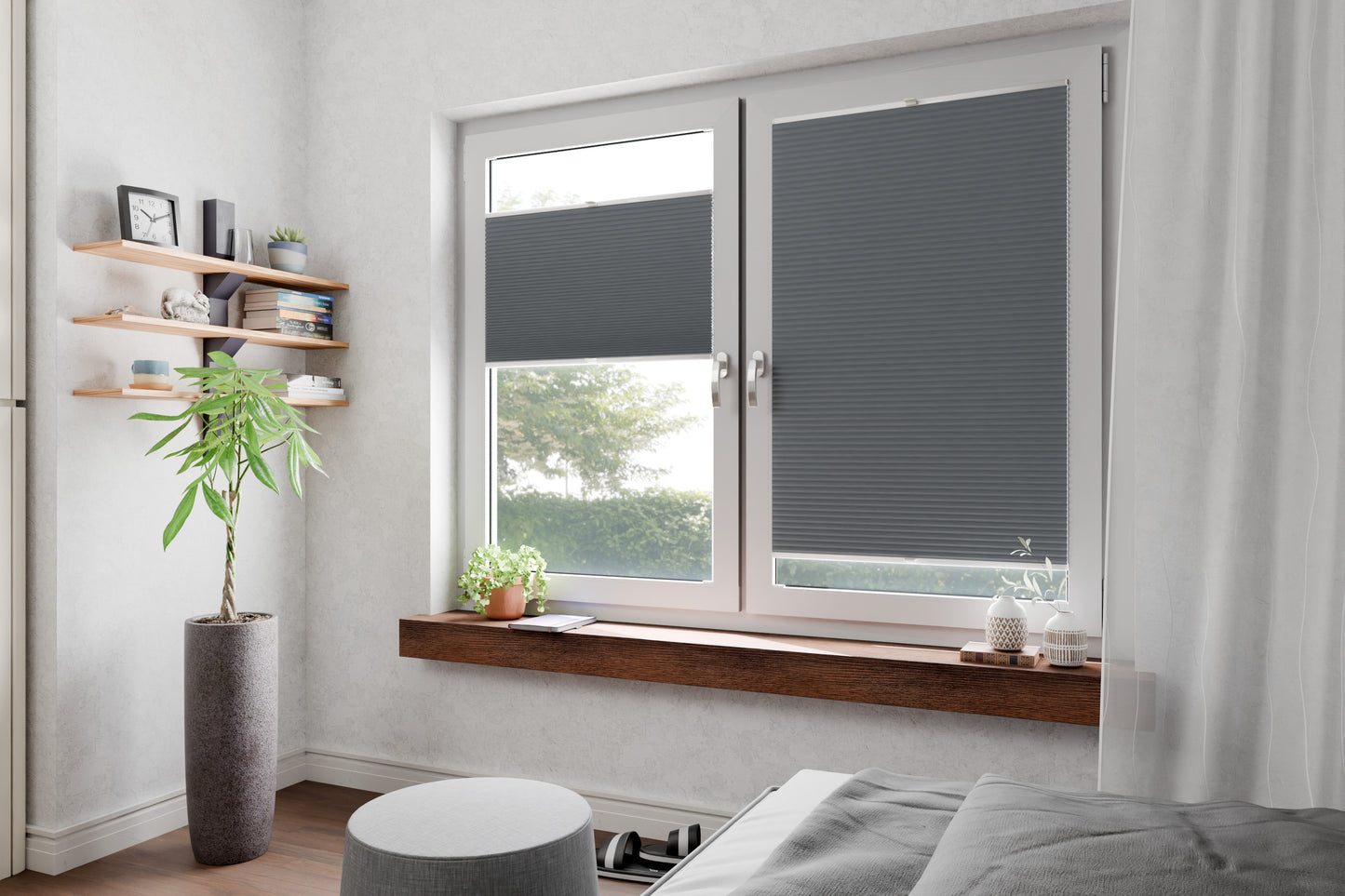 Beispielhafte Darstellung lichtdurchlässiger verdunkelnder Thermo-Wabenplissees